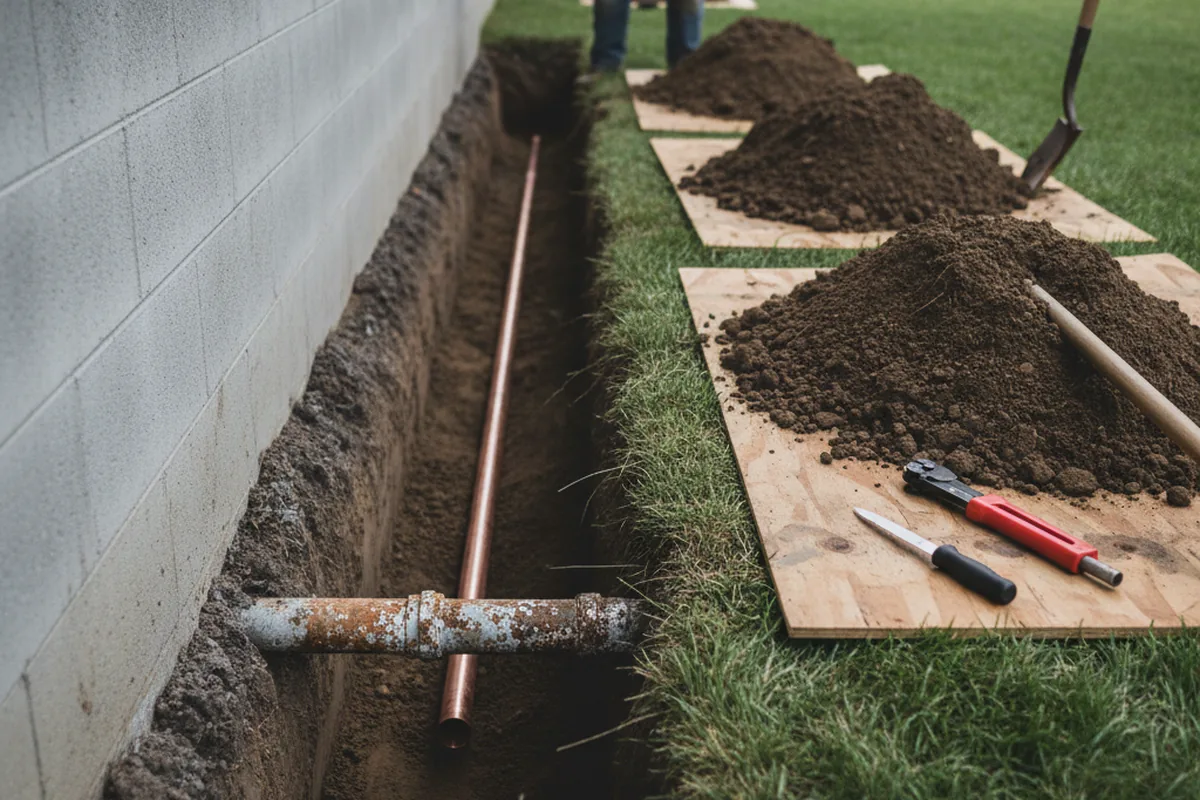 Excavated water line trench during Water Softener Installation in Mertens